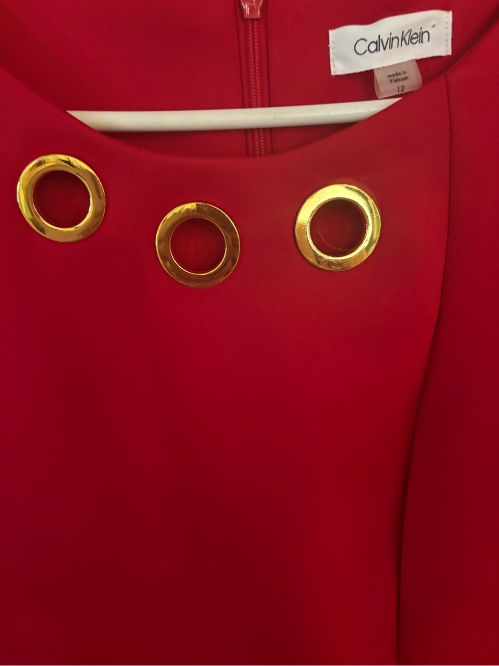 NWOT Calvin Klein Red Sleeveless Sheath Dress Gold Grommet Neckline size 12 - Picture 4 of 8